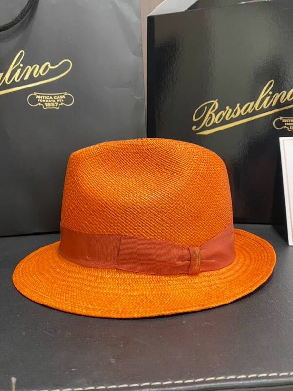 箱付　定価4.5万　1回使用　Borsalino ボルサリーノ Panama パナマ ハット 麦わら帽子 リボン サイズ59 ストロー