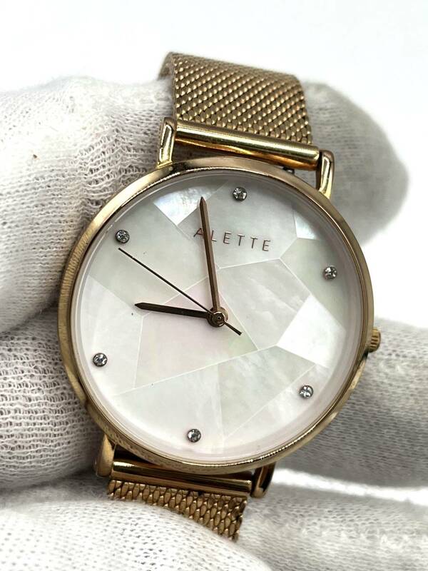 【電池切れ】ALETTE BLANC アレットブラン クォーツ 腕時計 シェル文字盤 ラウンド ケースゴールド レディース
