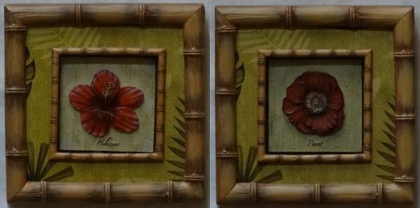 Charlene Audrey '2005 Pela Concept Tropical Flower 2-Set / Shadow Box 3D Bamboo Framed Wall Arts / U.S.A.