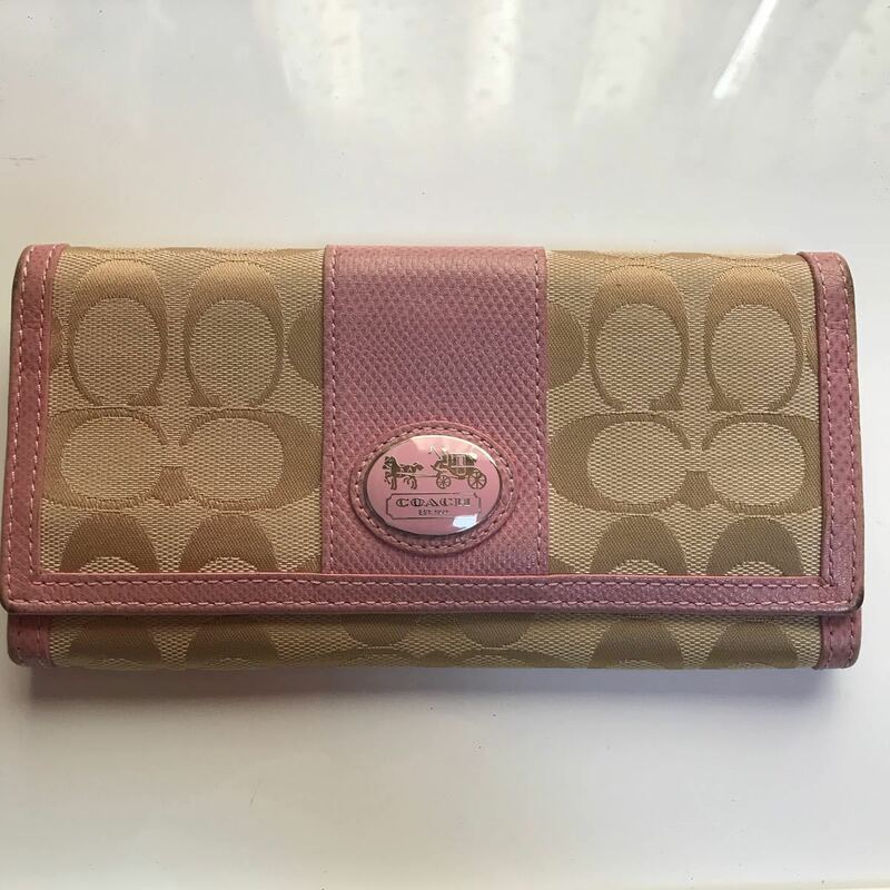 COACH 二つ折り長財布 シグネチャー コーチ ブラウン　ピンク　レディース　ブランド