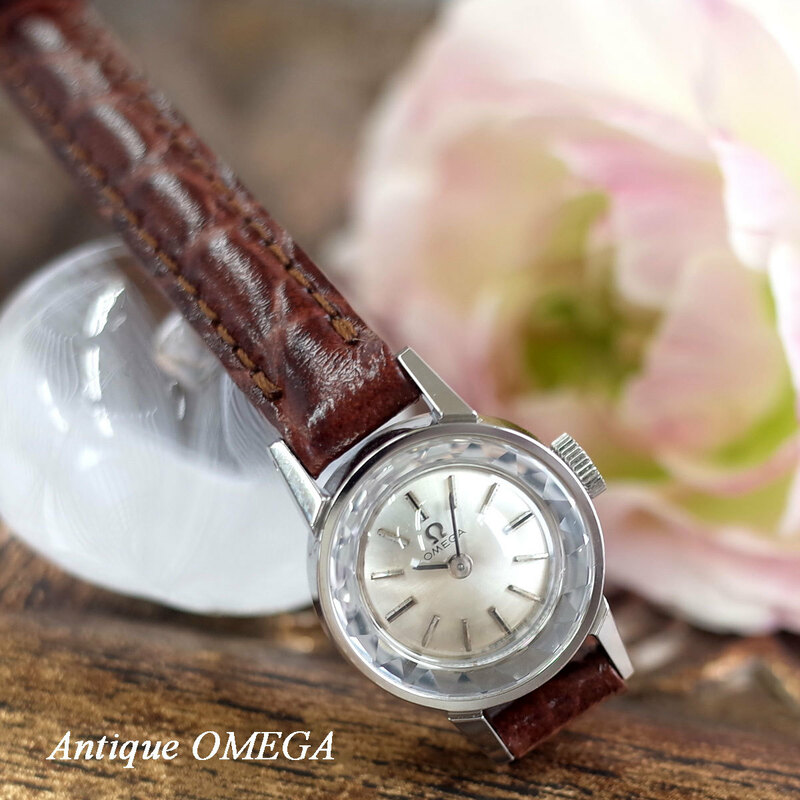オメガ 60's カットガラス アンティークウォッチ SS 新品革ベルト レディース 手巻 腕時計 OMEGA OH済1年保証