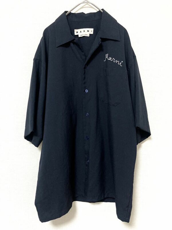 マルニ　marni トロピカルウール　ロゴ刺繍　半袖　46 メンズ　オープンカラー シャツ　トップス　インナー　ネイビー