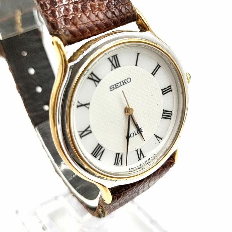 【電池切れ】SEIKO セイコー　5E61-0A20 腕時計 ゴールド文字盤 クォーツ ブラウン ケース：3.0