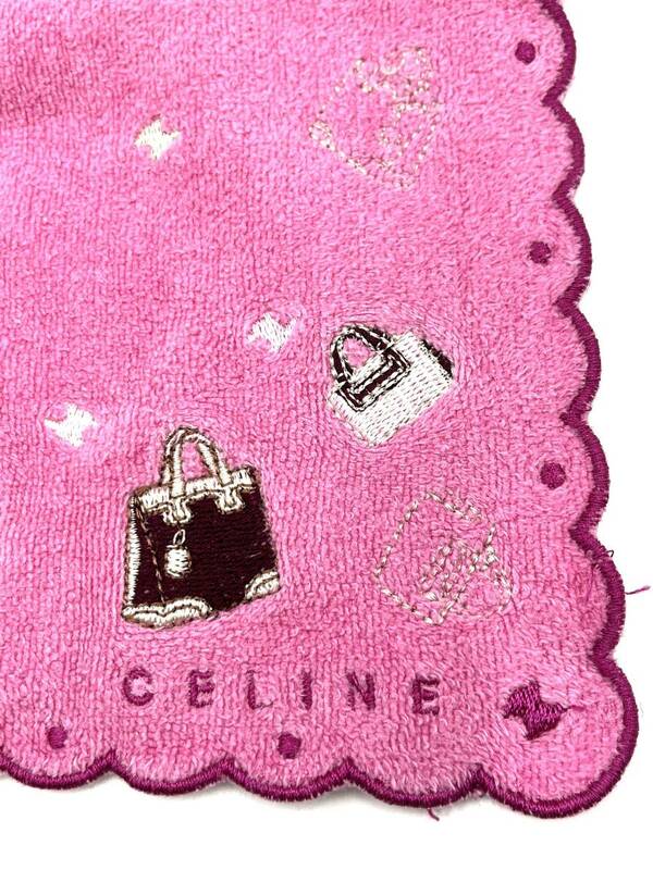 CELINE セリーヌ ハンカチ　ハンドタオル　ピンク　バッグ刺繍　27×27