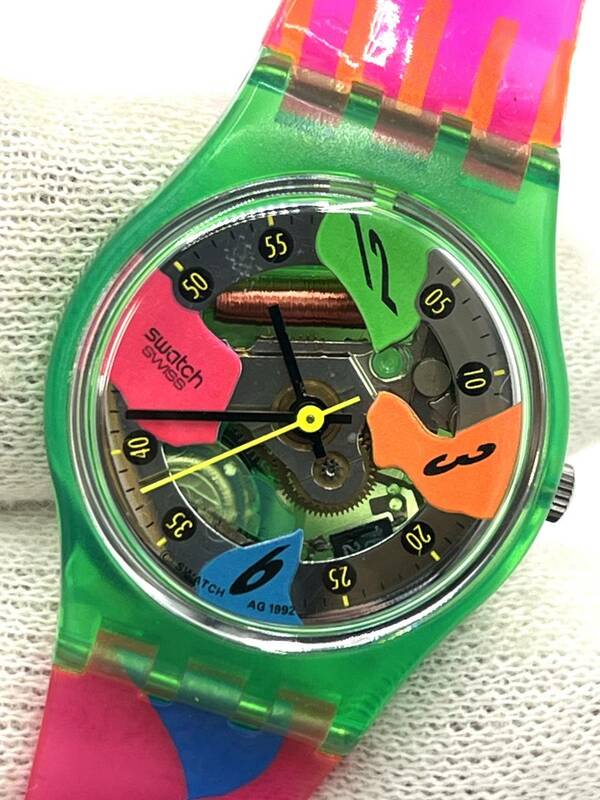 【電池切れ】Swatch　スウォッチ　クォーツ腕時計　レディース　裏スケ　ベゼルグリーン　ピンク　ケース：2.5　