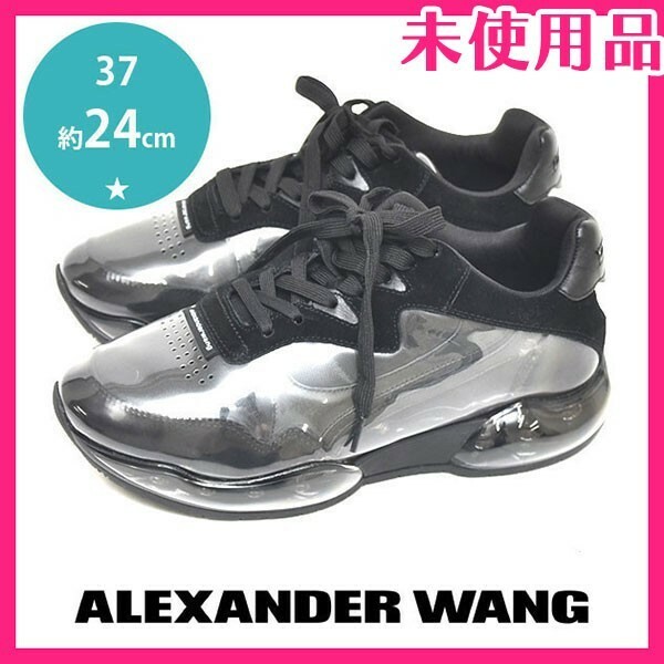 新品未使用品 アレキサンダーワン Alexander Wang ロゴ レザー×PVC レディーススニーカー ブラック 黒 37(約24cm) sh24-0926