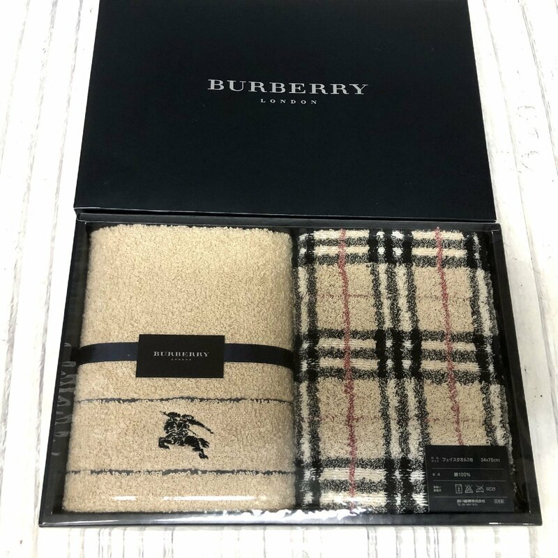 m001 X BURBERRY LONDON バーバリーロンドン フェイスタオル 2枚セット 34×75㎝ 箱付 ベージュ ノバチェック ホース刺繍 西川 日本製