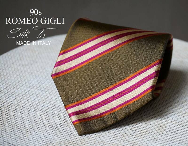 90s イタリー製 ロメオジリ ROMEO GIGLI 絹 シルク カーキ レジメンタル ネクタイ 