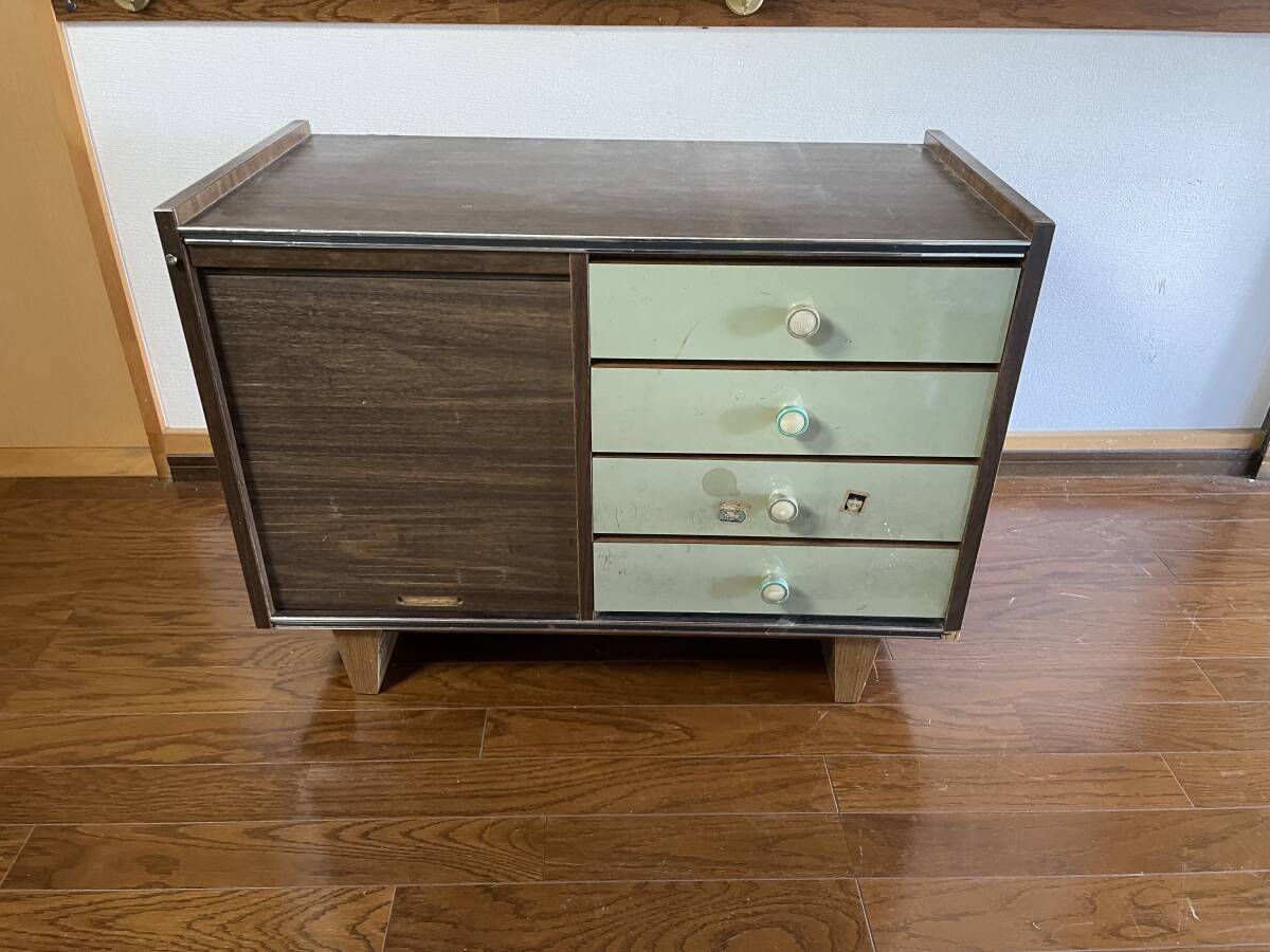 昭和レトロ レコードラック＆引出し４段 チェスト キャビネット 蛇腹シャッター付 