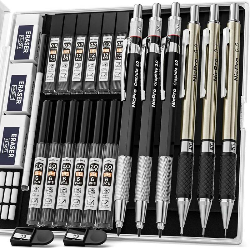 Nicpro シャーペン セット メタル製&鉛筆 筆箱付、シャープペンシル 0.5 & 0.7 & 0.9 & 2mm グラファイ