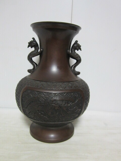 真峰銘　銅花瓶　鳳凰紋　花器　壷　置物　高さ約31cm