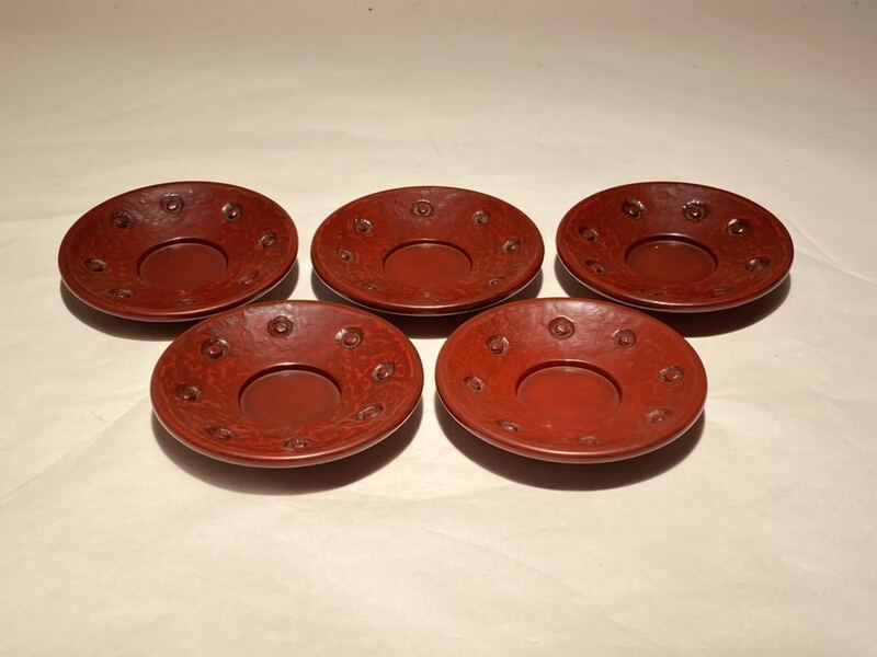 J716●小皿 5点 漆器 茶托 皿 木製 木工芸 伝統工芸品 茶道具 煎茶道具 茶器 英 塗 在銘 直径:約7.5cm