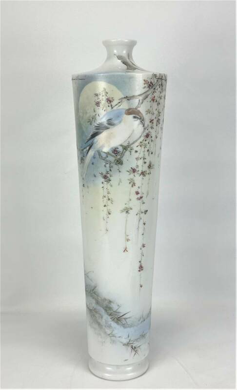 E71●横浜焼 彩色花鳥花瓶 色絵 花器 花入り 花生 壷 飾り物 陶器 磁器 重さ約：2495g