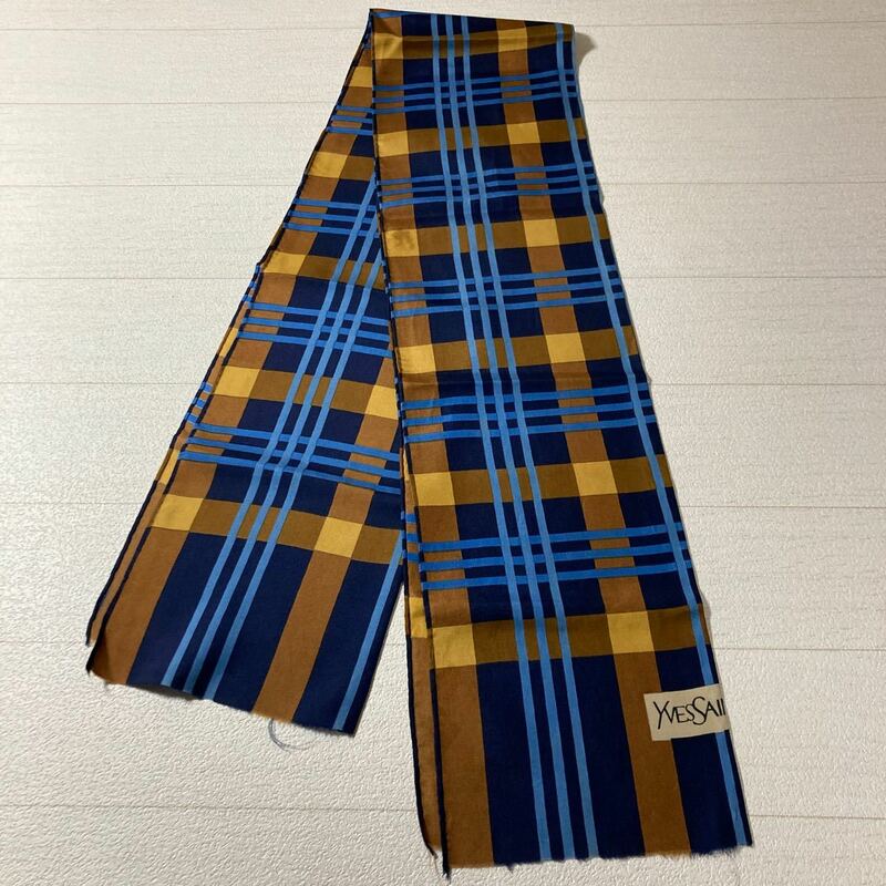 イヴサンローラン　スカーフ　チェック　ブルー系×ブラウン系　全長：約141cm　幅：約38cm