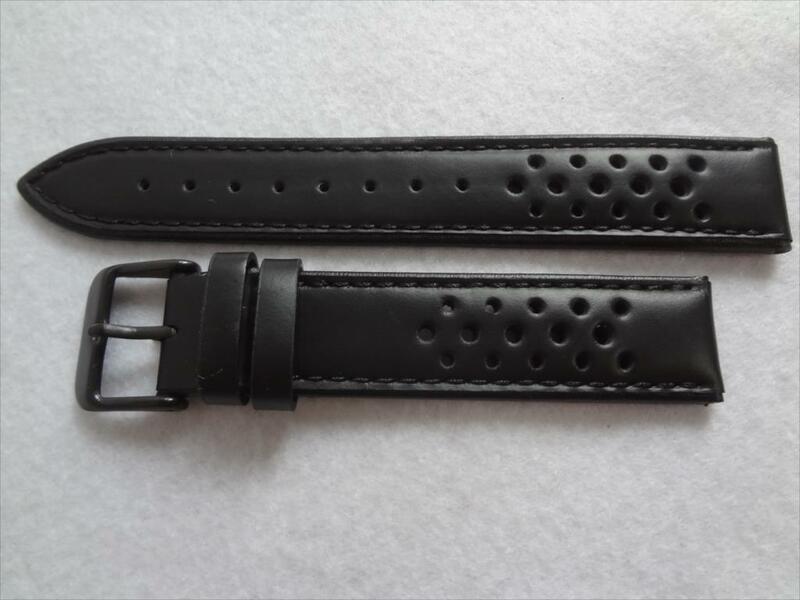 腕時計レザーベルト 18mm 黒色/黒(裏,ステッチ）時計バンド 黒バックル 穴開き 珍しいデザイン Hadley Roma 