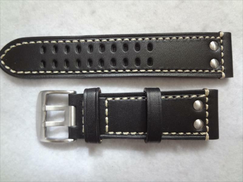 腕時計バンド Luminox 用 24mm 本革 レザーベルト 黒 黒色 ブラック リベット付き Hadley Roma
