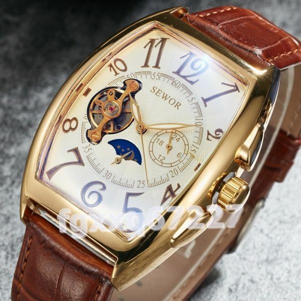 JV102:★人気★高級自動巻き機械式時計メンズムーンフェイズスケルトンレトロ自動巻き腕時計男性ゴールドケース時計革時計
