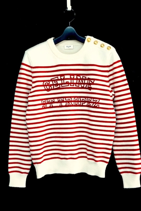 CELINE PARIS セリーヌ ST TROPEZ SAILOR SWEATER IN WOOL フロントロゴ ボーダー ニット ホワイト レッド ゴールドボタン サイズS