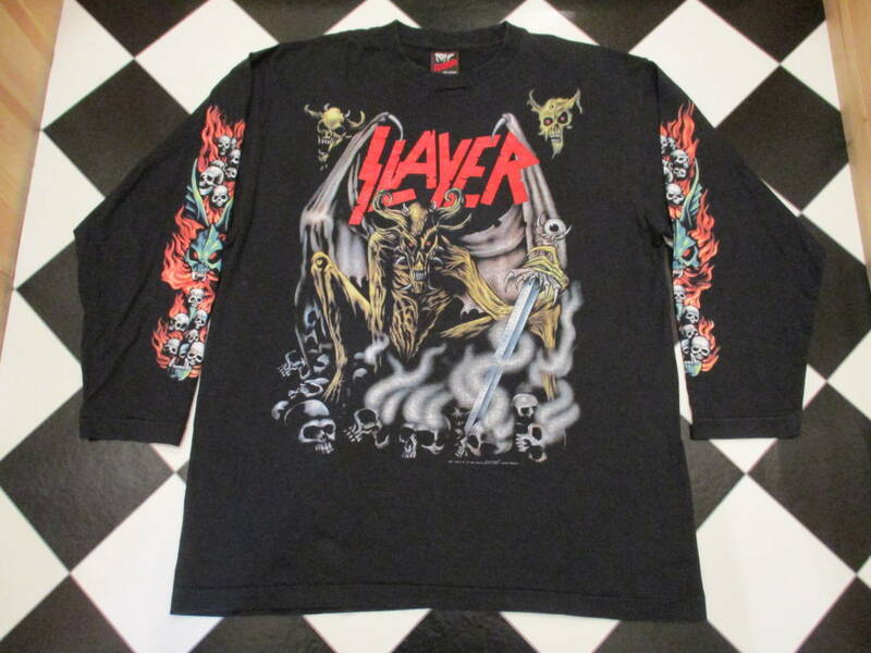 90's SLAYER スレイヤー ロック バンド メタル Ｔシャツ ビンテージ ドクロ スカル 袖プリ 黒