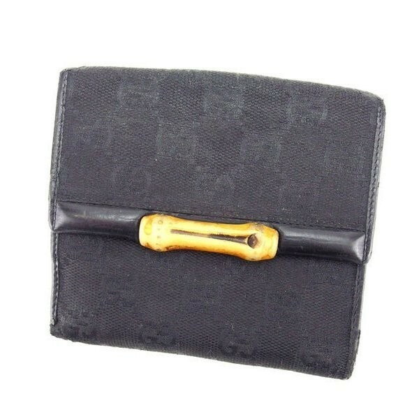 グッチ Wホック財布 二つ折り コンパクトサイズ レディース バンブー付き ＧＧキャンバス ブラック×ナチュラル 中古