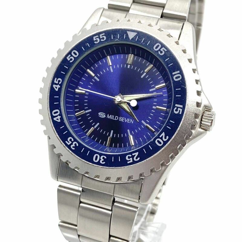 レア MILD SEVEN 腕時計 回転ベゼル ラウンド バーインデックス 3針 クォーツ quartz ブルー シルバー 青 銀 マイルドセブン ウォッチ Y510