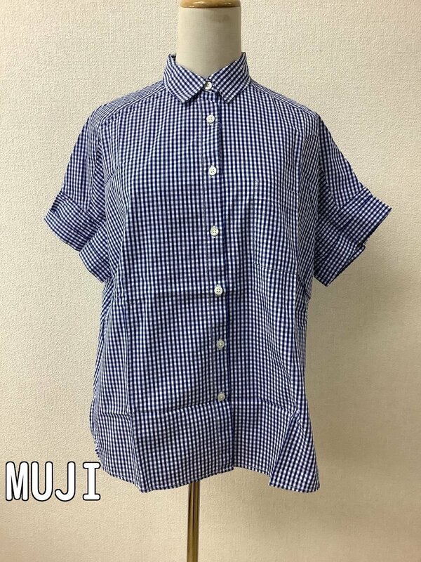 無印良品 (MUJI) 青ギンガム 半袖シャツ サイズM-L