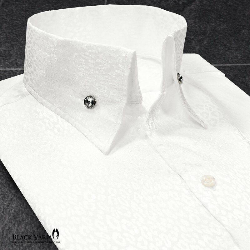 191853-wh BLACK VARIA ヒョウ豹 レオパード柄 スキッパー クリスタルボタン ドレスシャツ メンズ(ホワイト白) L パーティー ステージ衣装