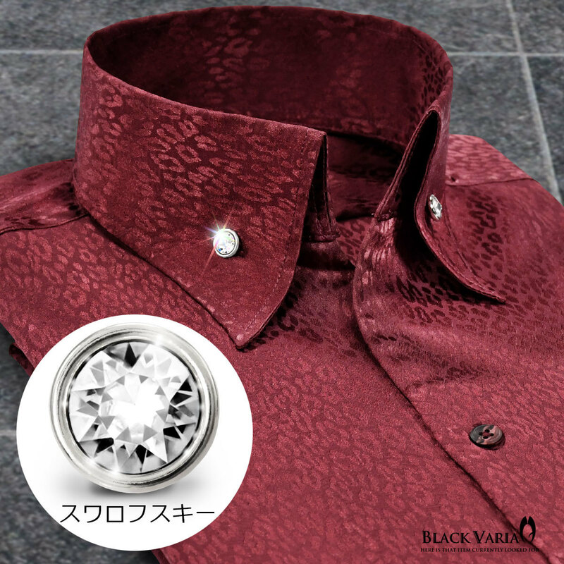 191853-winS BLACK VARIA ジャガード豹柄 スキッパー スワロフスキーBD ドレスシャツ スリム メンズ(ブラックダイヤ釦 ワイン赤) L