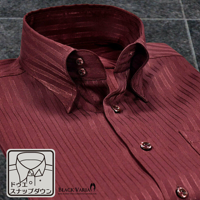 191850-win BLACK VARIA ドゥエボットーニ ストライプ柄 ジャガード スナップダウン ドレスシャツ メンズ(ワインレッド赤) XL お洒落