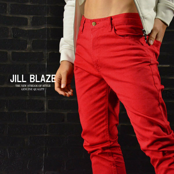 jb42142-30 JILL BLAZE パンツ 無地 スリムフィット ストレッチ スキニー カラーパンツ メンズ(レッド赤) S カジュアル シンプル