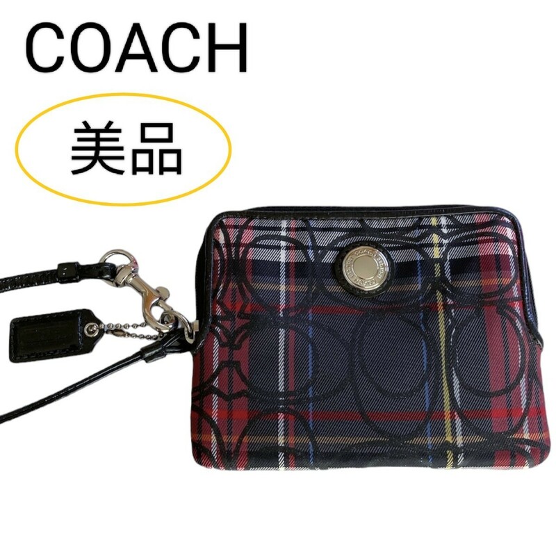 美品 COACH poppy ラメ シグネチャー ミニポーチ ミニ財布 小物入れ 小銭入れ カード入れ チェック柄 黒 赤 シルバー ポーチ コーチ 