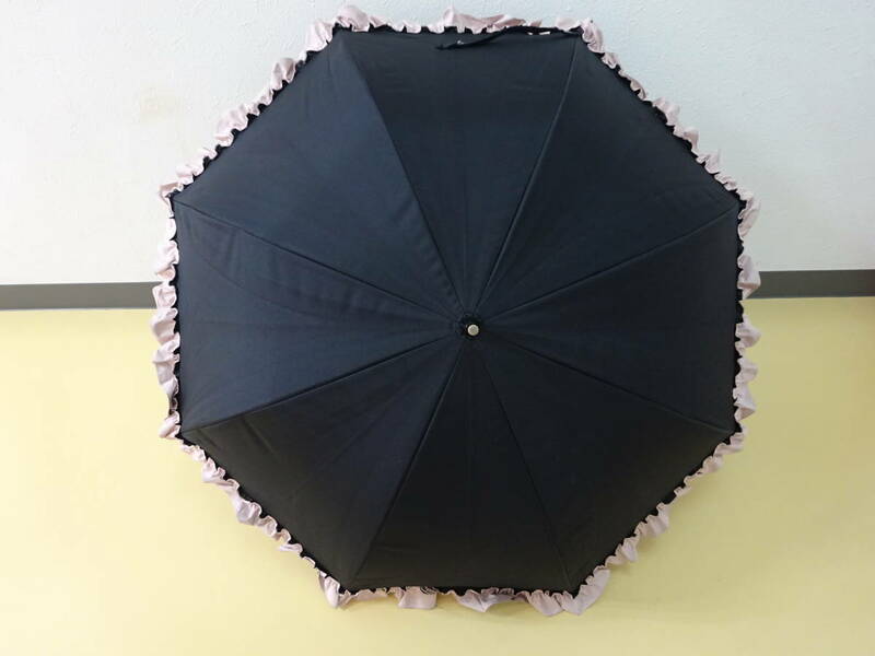 ●○(せ-A4-97) 芦屋Rose Blanc 　ロサブラン　日傘　雨傘兼用　ブラック×ベージュピンク　フリル　レディース　中古　○●