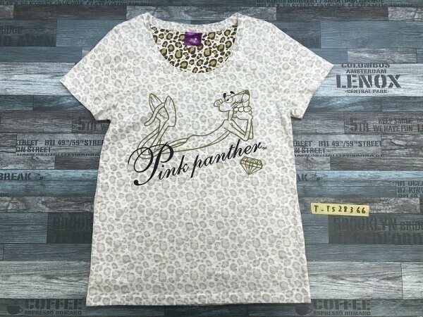 PINK PANTHER ピンクパンサー レディース ヒョウ柄 キャラクタープリント 半袖Tシャツ L 白茶黄土色