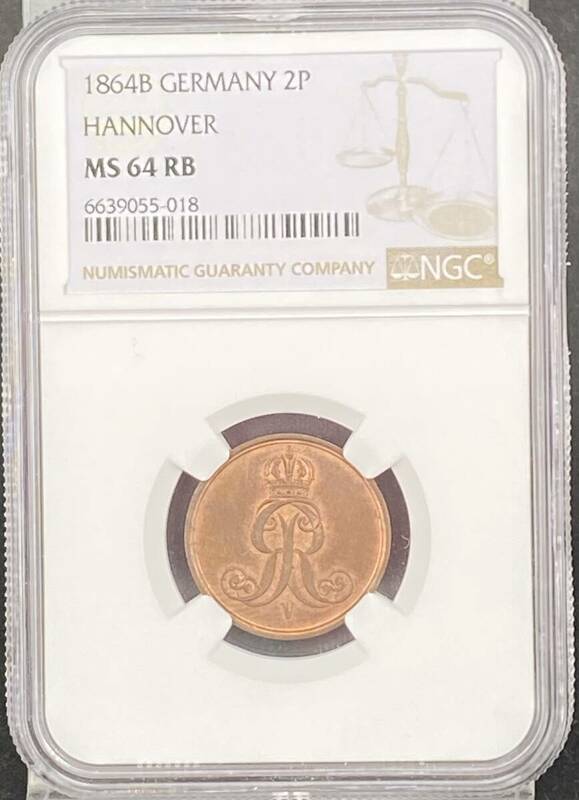 【銅貨特有の美しい赤色のコイン】1864B年ハノーヴァー朝（現ドイツ）2ペヒニ銅貨/MS64RB/NGC鑑定/この年代での美しさがそのままのコイン。