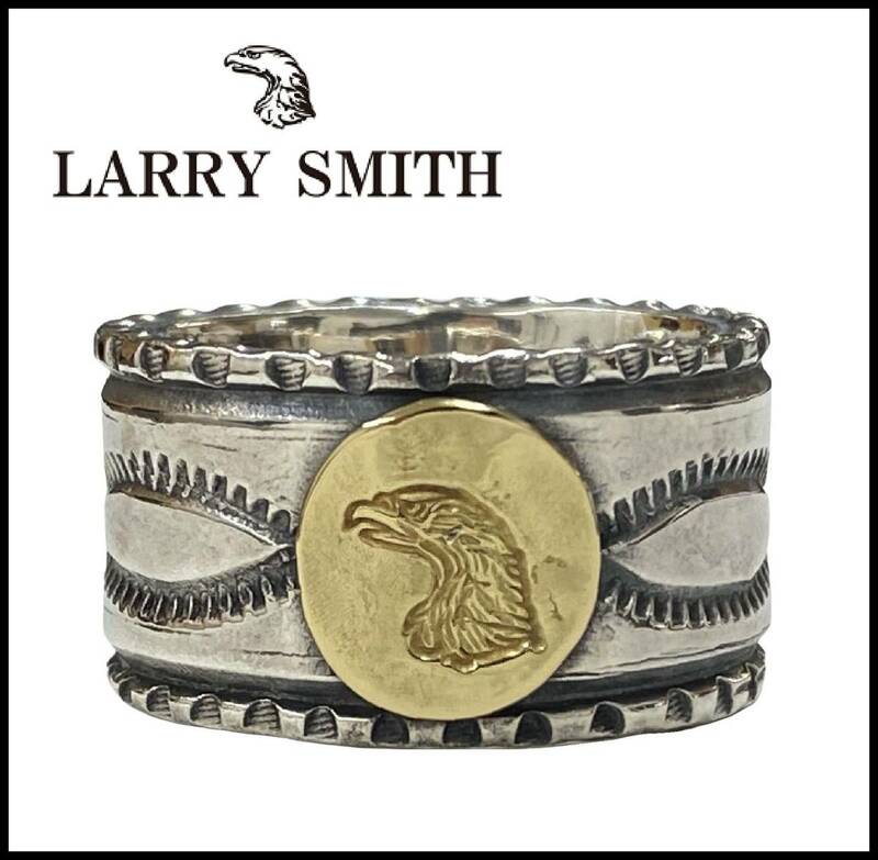 ★美品★ LARRY SMITH ラリースミス K18 イーグル フェイス タタキ メタル シルバー スタンプワーク リング 指輪 20号 カゼキリ フェザー