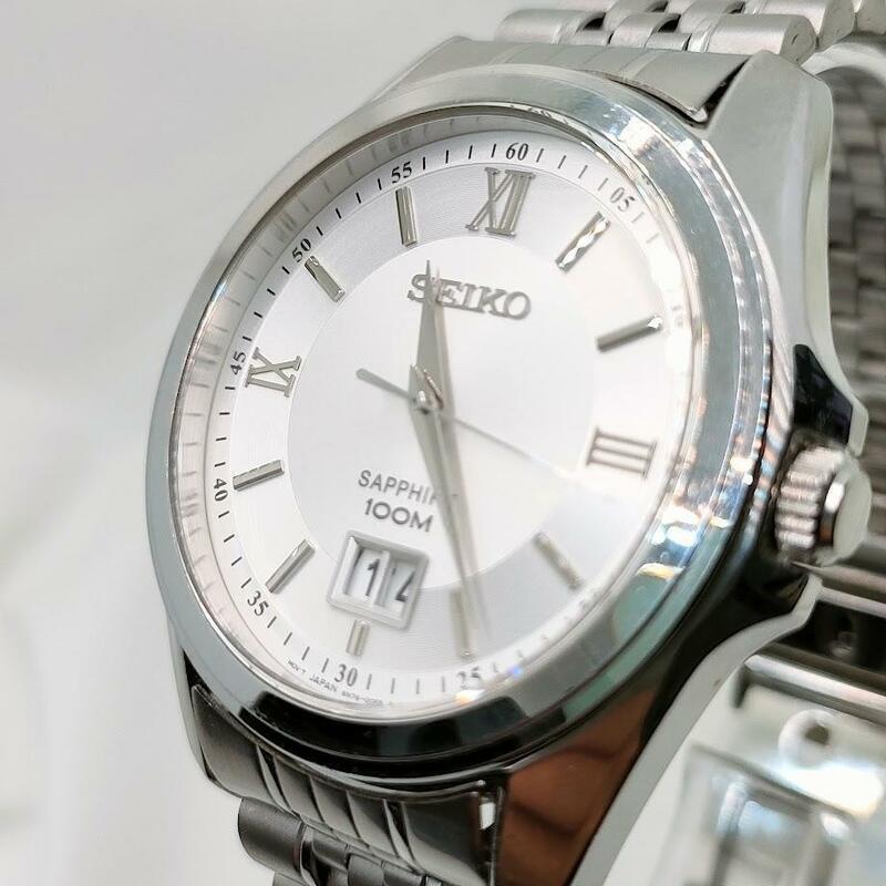 稼働品 SEIKO セイコー クオーツ アナログ SS 6N76-00E0 社外ベルト サファイアガラス 日付 3針 メンズ 腕時計 ウォッチ