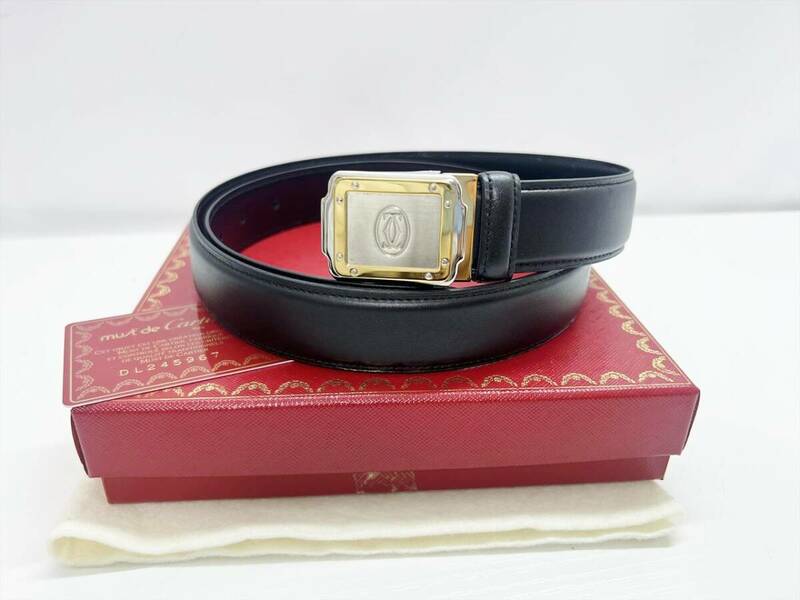 使用感なし　美品　Cartier　カルティエ　サントス　 ロゴバックル　ベルト　黒　ゴールド　約88～97　L5000067