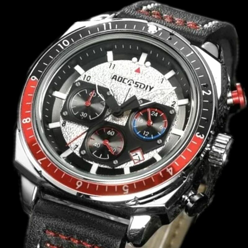 新品 AOCASDIY オマージュクロノグラフ ウォッチ レザーストラップ メンズ腕時計 ブラック&シルバー&レッド