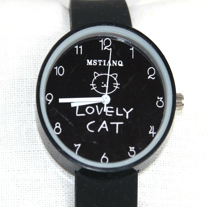 ◆猫が好き◆猫柄腕時計 キャットウォッチ ネコ好きファン御用達 カジュアルウォッチ プレゼント MSTIANQ LOVELY CAT 黒 Wa04bl