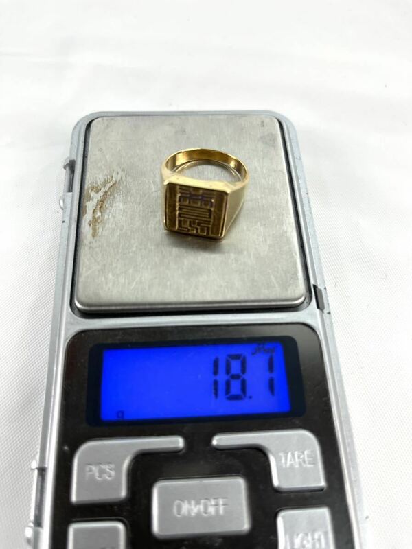 K18 750 イエローゴールド 印台 リング 指輪 ロゴ 印字 18.1g アクセサリー 16号