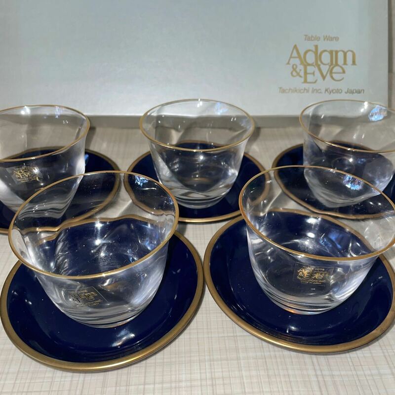 即決！未使用■たち吉　アダム&イヴ　金彩　茶托　冷茶グラス　5客セット■ガラス　冷茶セット 瑠璃
