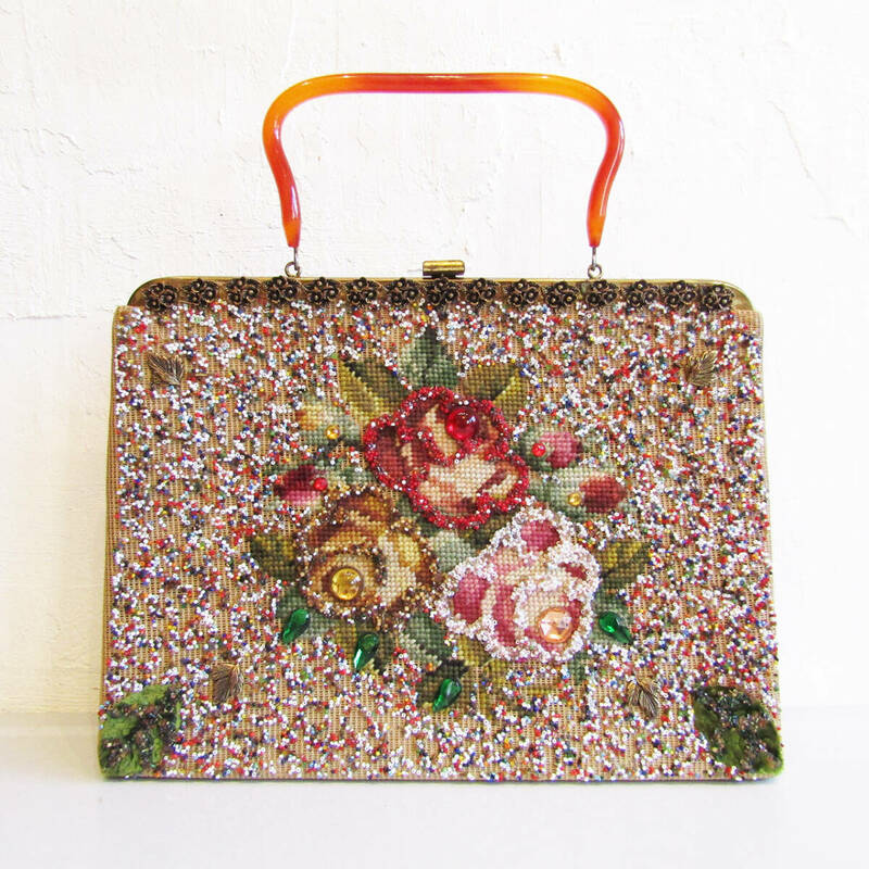 ★60s 「Soure New York」 Vintage beads flower embroidered handbag