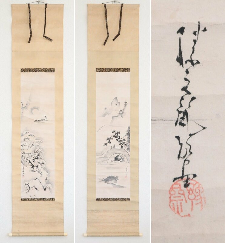 【模写】　加藤文麗　谷文晁の師　水墨山水　紙本軸装　双幅　掛軸　書画　日本画　水墨画　日本美術品