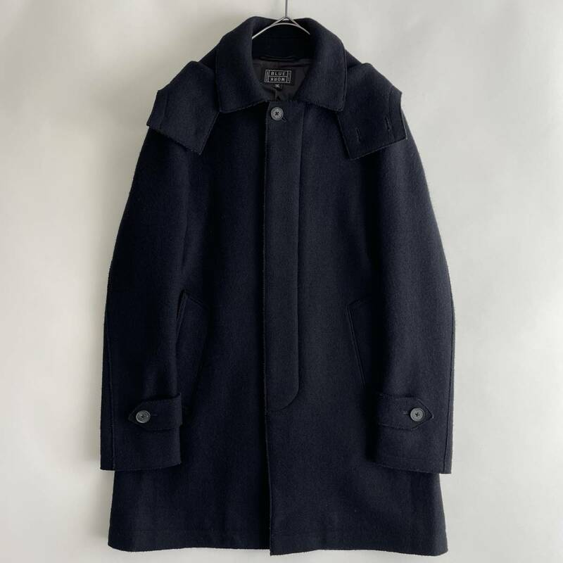 TOMORROWLAND -BLUE WORK- size/XS (c) トゥモローランド スタンカラーコート フード付き 比翼 アウター ネイビー 紺無地 日本製 coat