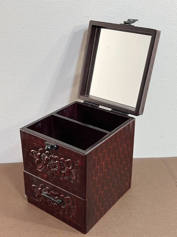 メイクボックス 化粧箱 ミラー付き　鎌倉彫　木製