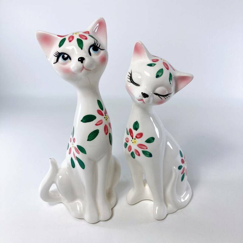 【レトロ】陶器 猫 ２匹セット 貯金箱 花柄 アンティーク 珍しい柄