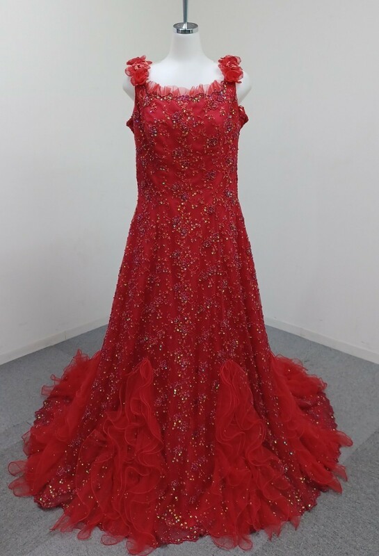  【送料無料】石) カラードレス ⑬ 17～19号 大きいサイズ 赤 スパンコール ドレス 結婚式 パーティー 衣装ウェディング (240201)