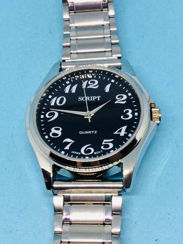 (D28)ブラックフェイス(*'▽')SCRIPT・スクリプト（電池交換済み）シルバー・メンズ腕時計USED（送料全国一律185円）素敵な時計です。