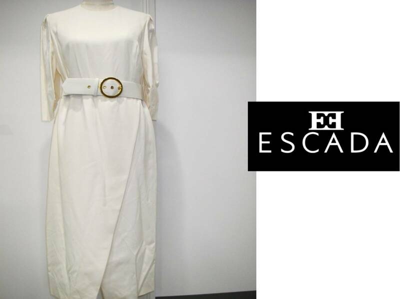 【新品】ESCADA（エスカーダ） 春・秋　フォーマル　ワンピース　白ワンピ　ホワイト　ロングドレス　きれいめワンピース　ベルト付き 42号