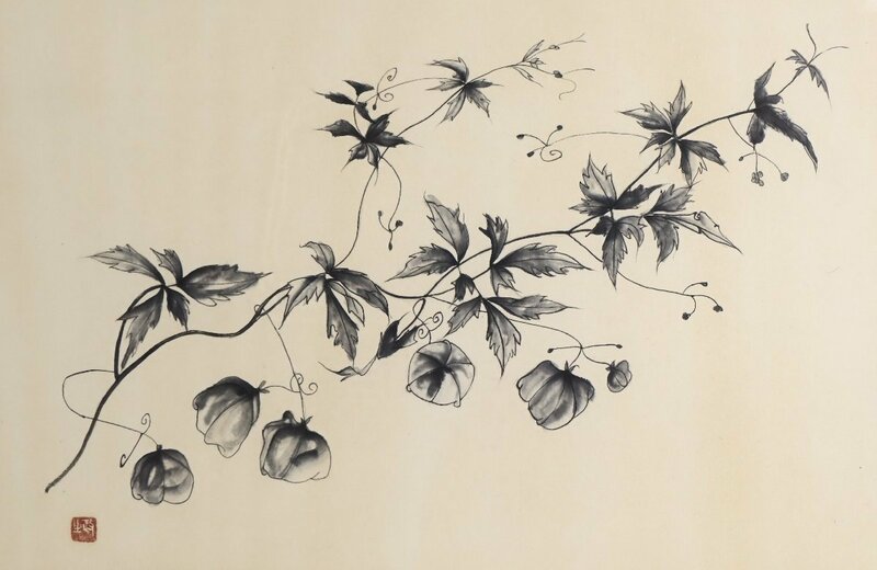 今井政之「風船葛」水墨 絵画 額装品 珍品 / 植物画 陶芸家 水墨画 水彩画